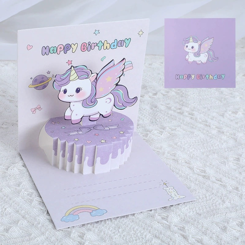 D pop-up cake birthday card in purple color, unicorn theme, perfect for birthday greetings, parties, or decorations