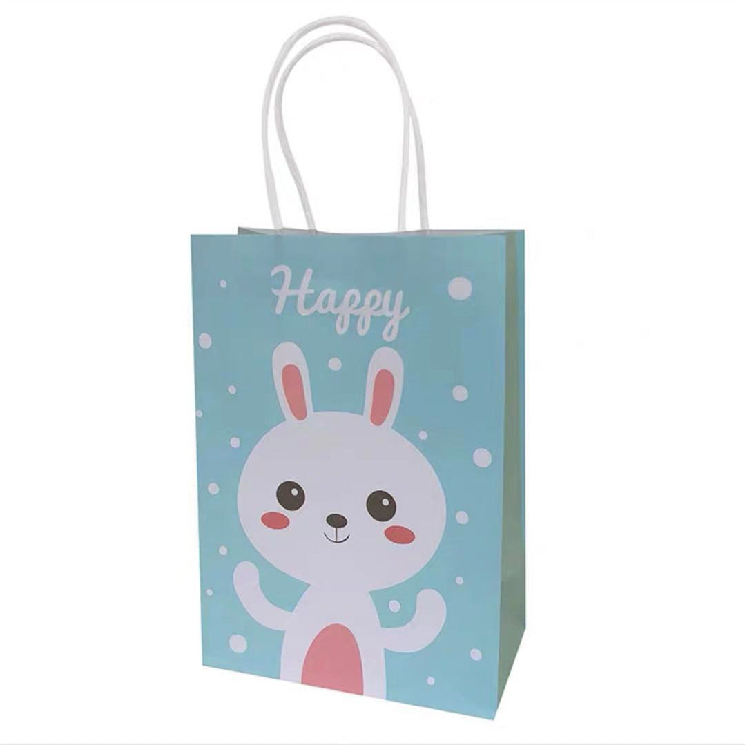 Cute bunny-themed goody bag with fun surprises, perfect for kids' birthday parties or celebrations, on a blue background.