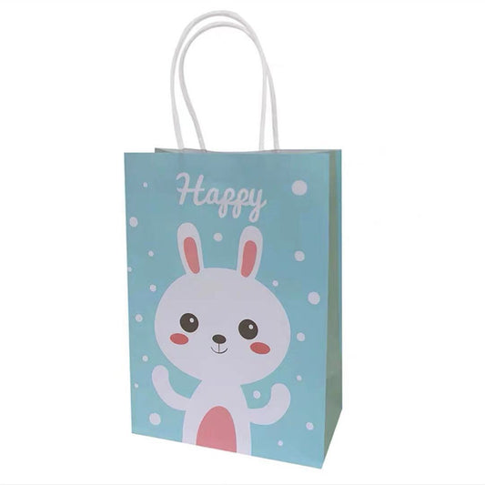 Cute bunny-themed goody bag with fun surprises, perfect for kids' birthday parties or celebrations, on a blue background.