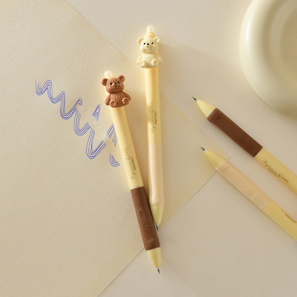 Cheese Bear Erasable Gel Pens – Soft Grip, Black & Crystal Blue, Brush Pen, ST Smooth Writing