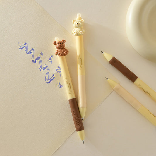 Cheese Bear Erasable Gel Pens – Soft Grip, Black & Crystal Blue, Brush Pen, ST Smooth Writing