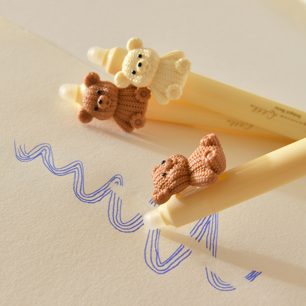 Cheese Bear Erasable Gel Pens – Soft Grip, Black & Crystal Blue, Brush Pen, ST Smooth Writing