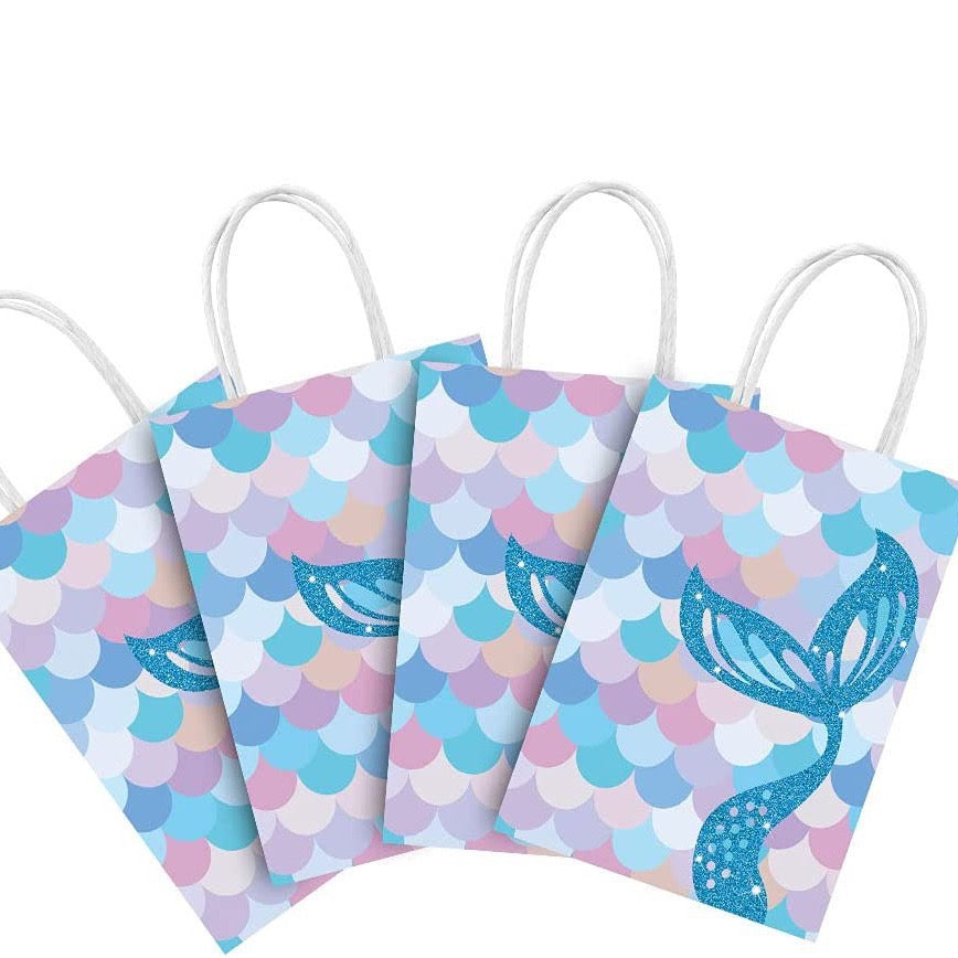 Magical mermaid-themed paper goody bags with iridescent finish - set of 10 for birthday party favors, classroom treats, or baby showers