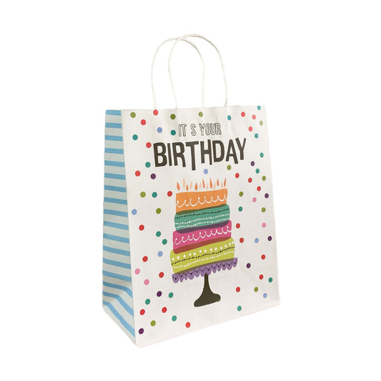 Birthday party goodie bag with festive cake design, perfect for kids' celebrations, on a white and colorful background.