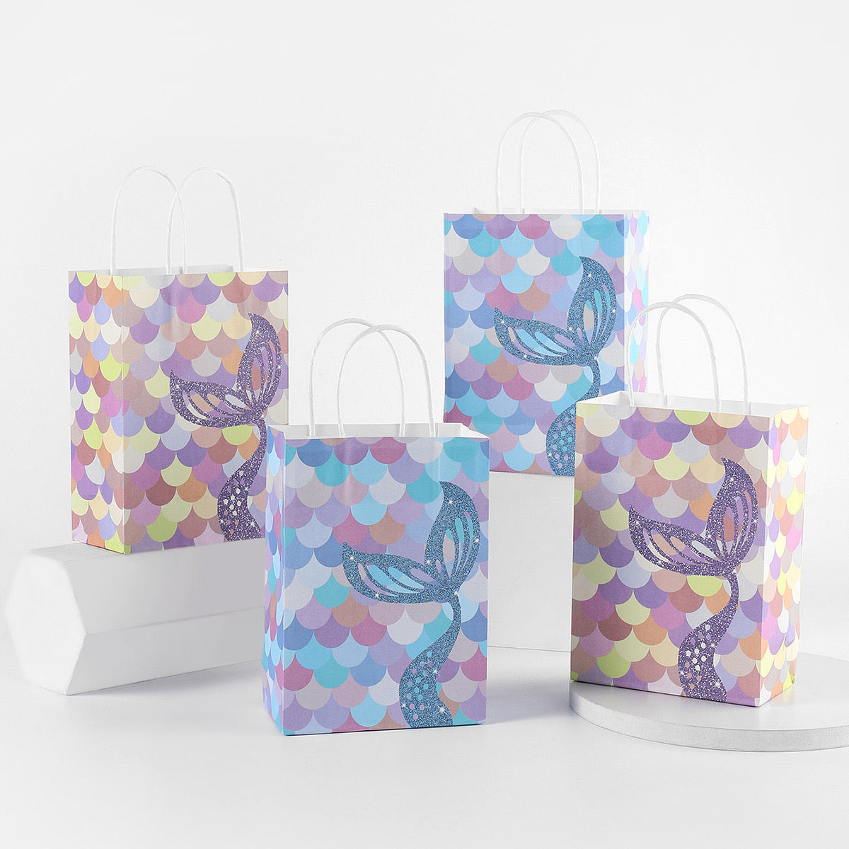 Pack of 10 shimmering mermaid goody bags with multicolor scales - perfect for kids' birthday parties, loot bags, or underwater-themed events