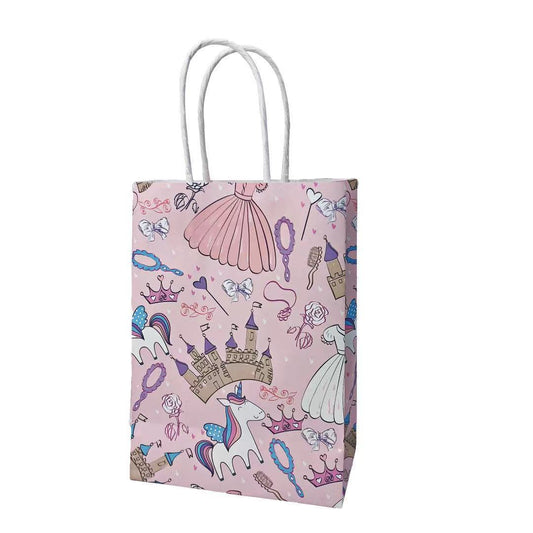 Princess and unicorn-themed goody bag with sparkly tiara, magic wand, and rainbow party favors for kids' birthdays