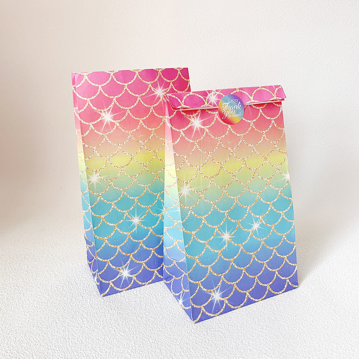 Glittery mermaid party candy goody bags (10-count) in rainbow colors - ideal for ocean birthday parties, girl's celebrations, or gift packaging